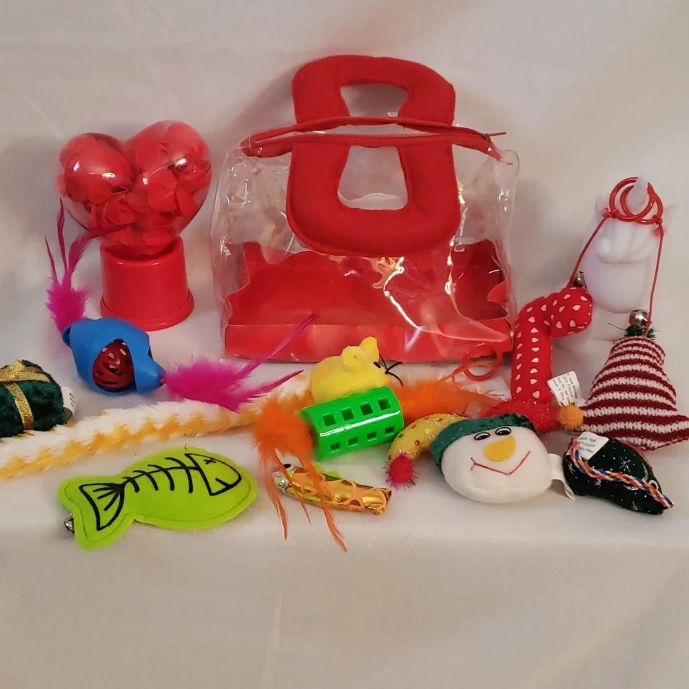 NWOT Suitcase of 20 Cat Toys with Bowls